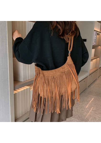 Kahve Kadın Vintage Püskül Süet Omuz Bayanlar Için Crossbody Çanta Pu Deri Koltukaltı Hobos Çanta Büyük Kapasiteli Tasarım Çanta Çanta (Yurt Dışından) modelleri