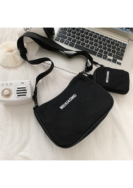 Siyah Kadın Tuval Düz Renk Mektup Omuz Çantaları Mini Çanta Kolye Kadın Çantaları Rahat Küçük Crossbody Çanta 2 Adet Kompozit (Yurt Dışından)