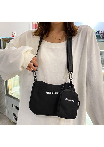 Siyah Kadın Tuval Düz Renk Mektup Omuz Çantaları Mini Çanta Kolye Kadın Çantaları Rahat Küçük Crossbody Çanta 2 Adet Kompozit (Yurt Dışından) modelleri