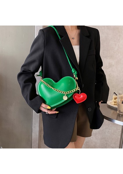 Yeşil Kişilik Kadın Crossbody Çanta Moda Basit Omuz Çantası Pu Deri Kadın Küçük Kalp Şekli Çanta Ins Chic Çanta Çanta (Yurt Dışından)