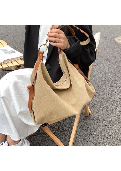 Haki Minimalist Kanvas Kumaş Tekstil Hobo Yan Tek Askılı Çanta Eğlence Büyük Kapasiteli Çalışma Dizüstü Hafta Sonu Gecelik Yumuşak Hımbıl Kese Çanta (Yurt Dışından)