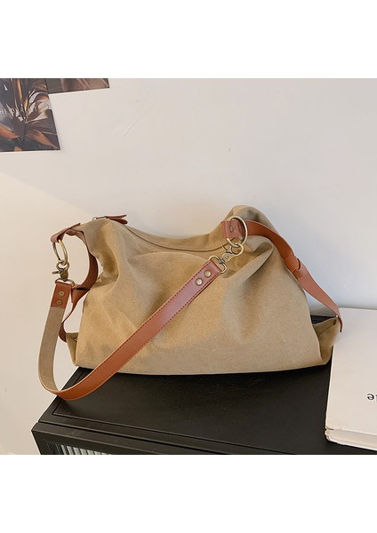 Haki Minimalist Kanvas Kumaş Tekstil Hobo Yan Tek Askılı Çanta Eğlence Büyük Kapasiteli Çalışma Dizüstü Hafta Sonu Gecelik Yumuşak Hımbıl Kese Çanta (Yurt Dışından) fiyatları