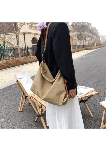 Haki Minimalist Kanvas Kumaş Tekstil Hobo Yan Tek Askılı Çanta Eğlence Büyük Kapasiteli Çalışma Dizüstü Hafta Sonu Gecelik Yumuşak Hımbıl Kese Çanta (Yurt Dışından) fırsatları