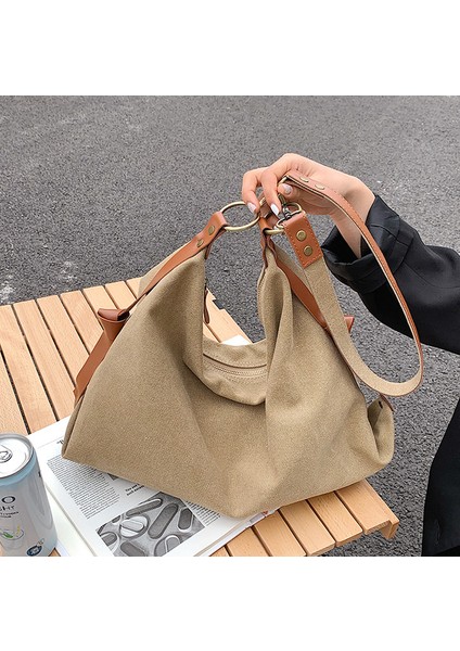 Haki Minimalist Kanvas Kumaş Tekstil Hobo Yan Tek Askılı Çanta Eğlence Büyük Kapasiteli Çalışma Dizüstü Hafta Sonu Gecelik Yumuşak Hımbıl Kese Çanta (Yurt Dışından) indirimleri