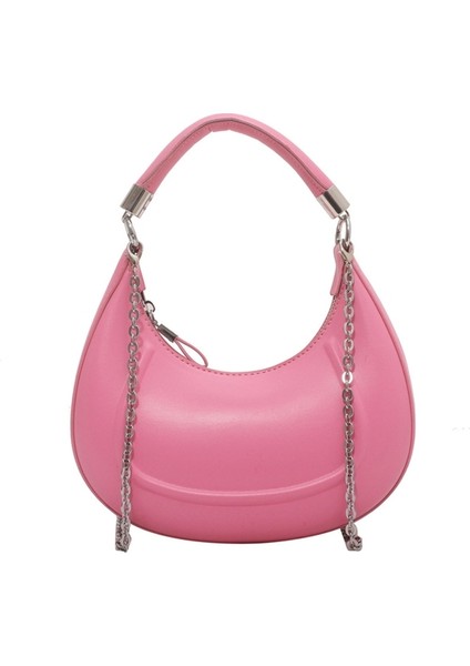 Pembe Kadın Pu Deri Hobo Çanta Moda Çanta Şık Katı Omuz Crossbody Çanta Tüm Eşleşen Zincir Kayış Debriyaj Çanta (Yurt Dışından)