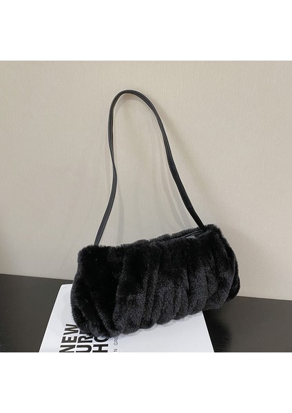 Siyah Küçük Tote Çanta Kadın Peluş Çanta Lüks Tasarımcı Bulut Şekli Debriyaj Çanta Kadın Omuz Çantası Yumuşak Taklit Kürk Alışveriş Çantaları Çanta (Yurt Dışından)