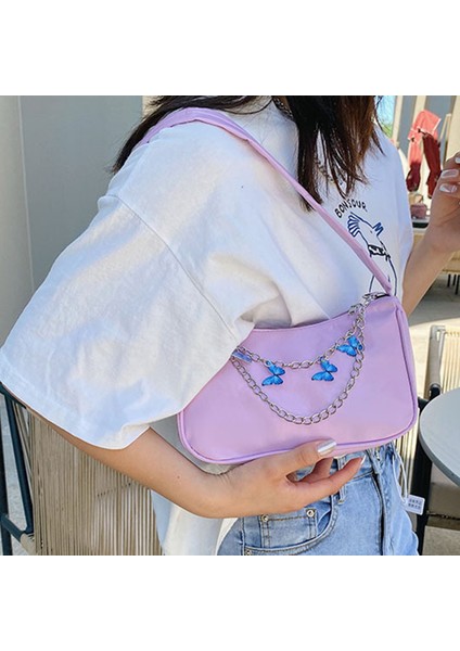 Mor Moda Kadın Pu Deri Küçük Omuz Koltukaltı Çanta Bayanlar Vintage Kelebek Zincir Saf Renk Fermuar Mini Hobos Çanta Çanta (Yurt Dışından) modelleri