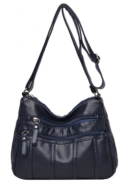 Koyu Mavi Taşınabilir Düz Renk Crossbody Çanta Rahat Kadın Pu Deri Alışveriş Sokak Omuz Çantası Günlük Büyük Kapasiteli Çok Fermuarlı Çantalar (Yurt Dışından)