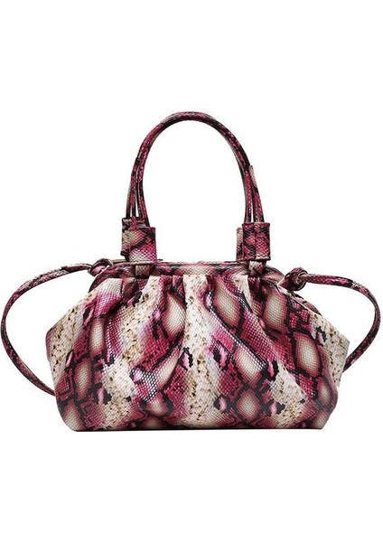 Pembe Kadın Moda Yılan Desen Çanta Kadın Eğilim Dokulu Omuz Askılı Çanta Bayanlar Rahat Retro Pileli Hamur Çantası (Yurt Dışından)