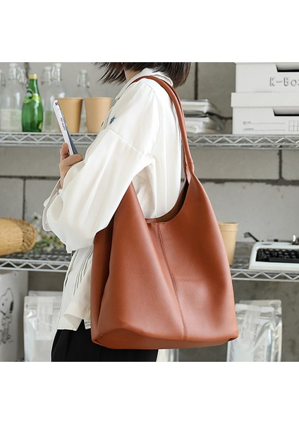 Kahverengi Keseli Rahat Kadın Omuz Çantası Büyük Kapasiteli Alışveriş Çantaları Kadın Tote Çanta Katı Yumuşak Deri Shopper Bayan Seyahat Çantası Çanta (Yurt Dışından)