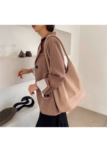 Kahverengi Keseli Rahat Kadın Omuz Çantası Büyük Kapasiteli Alışveriş Çantaları Kadın Tote Çanta Katı Yumuşak Deri Shopper Bayan Seyahat Çantası Çanta (Yurt Dışından) indirimleri
