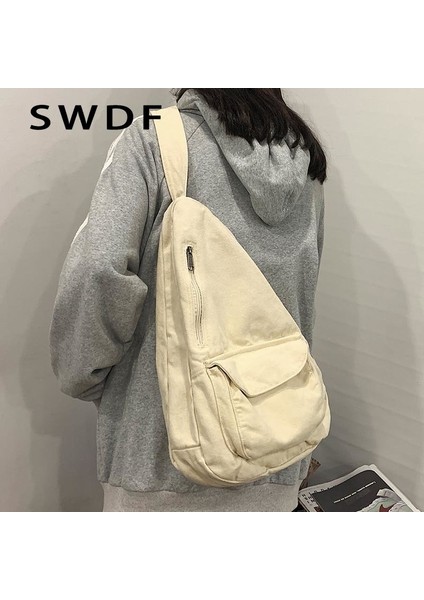 Beyaz Swdf 2023 Kadın Omuz Askılı Çanta Tuval Crossbody Yeni Trend Moda Kadın Çantası Düz Renk Yüksek Kaliteli Bayan Göğüs Çantası (Yurt Dışından)