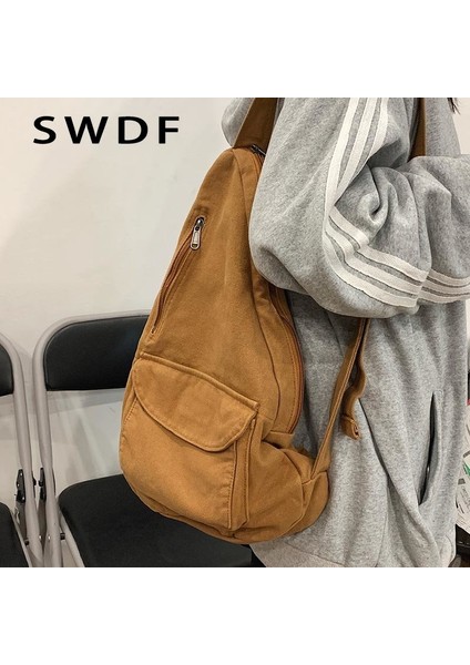 Beyaz Swdf 2023 Kadın Omuz Askılı Çanta Tuval Crossbody Yeni Trend Moda Kadın Çantası Düz Renk Yüksek Kaliteli Bayan Göğüs Çantası (Yurt Dışından)