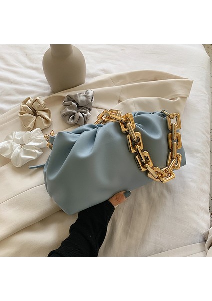 Mavi Swdf Düz Renk Pileli Tote Çanta 2023 Moda Yüksek Kaliteli Yumuşak Deri Kadın Tasarımcı Çanta Seyahat Omuz Koltukaltı Çanta Sac (Yurt Dışından)