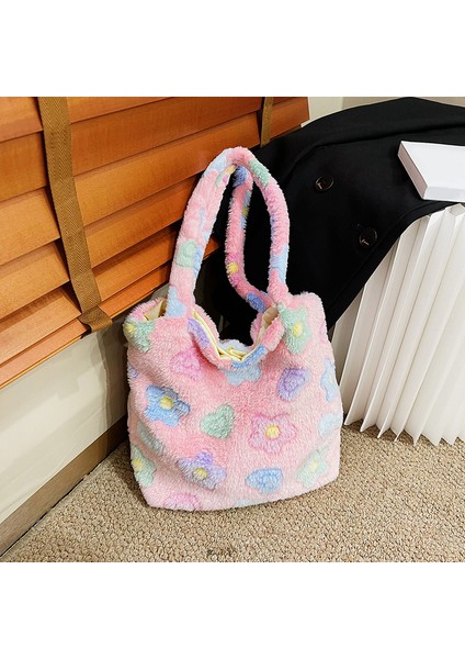 Pembe Çiçek Tüm Maç Kabarık Bez Çantalar Kadın Kızlar Omuz Koltukaltı Çanta Gül Pembe Sahte Kürk Hobo Çanta Kore Ins Trend Çanta Cüzdanlar Debriyaj (Yurt Dışından)