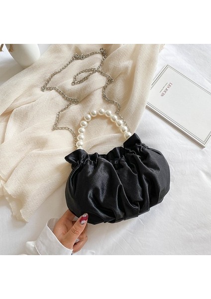 Siyah Moda Bulut Çanta Kadın Boncuklu Çanta Küçük Kadın Zincir Crossbody Çanta Ipek Tote El Çantası Şık Bayan Çanta Cep Telefonu Çantaları (Yurt Dışından)