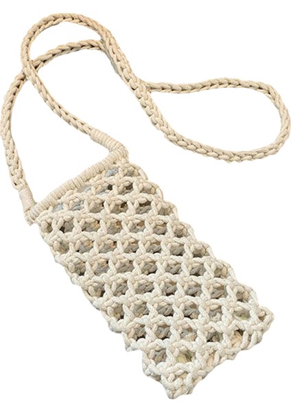 Bej Kadın Moda Küçük Crossbody Telefon Çantası Düz Renk Hollow-Out Dokuma Tığ Hafif Örgülü Omuz Çantası (Yurt Dışından)