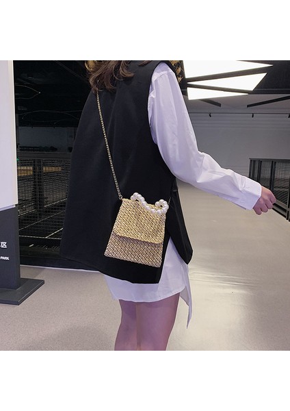 Bej Moda Hasır Çantalar Inci Çekicilik ile Rattan Örgü Kadın Çanta Lüks El Yapımı Kağıt Omuz Crossbody Çanta Yaz Plaj Çanta (Yurt Dışından) fırsatları