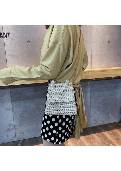 Bej Moda Hasır Çantalar Inci Çekicilik ile Rattan Örgü Kadın Çanta Lüks El Yapımı Kağıt Omuz Crossbody Çanta Yaz Plaj Çanta (Yurt Dışından) indirimleri