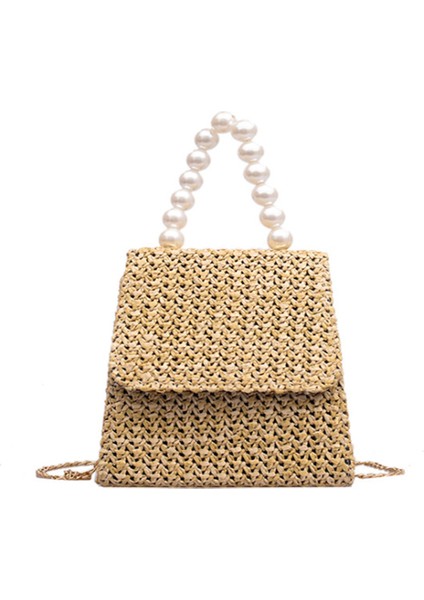 Koyu Haki Moda Hasır Çantalar Inci Çekicilik ile Rattan Örgü Kadın Çanta Lüks El Yapımı Kağıt Omuz Crossbody Çanta Yaz Plaj Çantası (Yurt Dışından)