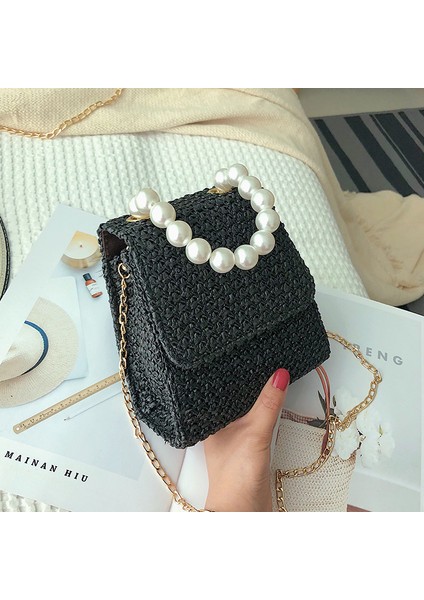 Koyu Haki Moda Hasır Çantalar Inci Çekicilik ile Rattan Örgü Kadın Çanta Lüks El Yapımı Kağıt Omuz Crossbody Çanta Yaz Plaj Çantası (Yurt Dışından) fiyatları