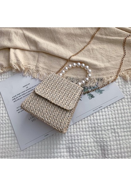 Koyu Haki Moda Hasır Çantalar Inci Çekicilik ile Rattan Örgü Kadın Çanta Lüks El Yapımı Kağıt Omuz Crossbody Çanta Yaz Plaj Çantası (Yurt Dışından) modelleri