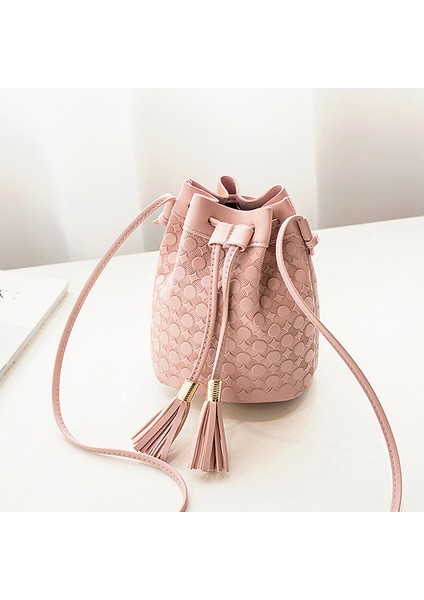 223-PEMBE-PÜSKÜL Lüks Moda Lychee Desen Kadın Kova Çanta Bağbozumu Messenger Çanta Yüksek Kaliteli Retro Omuz Çantası Basit Crossbody Çanta Tote (Yurt Dışından)