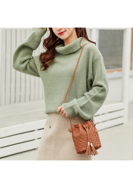 223-PEMBE-PÜSKÜL Lüks Moda Lychee Desen Kadın Kova Çanta Bağbozumu Messenger Çanta Yüksek Kaliteli Retro Omuz Çantası Basit Crossbody Çanta Tote (Yurt Dışından) modelleri