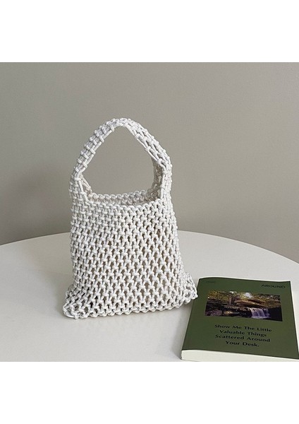 A-Beyaz Gusure Basit Omuz Çantası Oymak Kadın Yaz Plaj Seyahat Shopper Tote Örgü Halat Dokuma Hasır Net Çanta Bayan Çanta (Yurt Dışından)