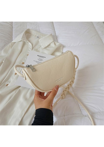 Bej Çanta Şeker Renk Kadın Küçük Pu Deri Eyer Çantası Tasarımcı Lüks Omuz Çantaları 2022 Sevimli Örgü Kayış Bayan Crossbody Çanta Trend Yeni (Yurt Dışından)
