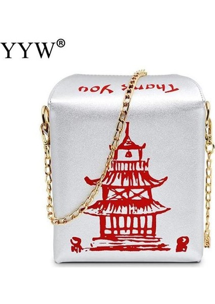 Gümüş Çin Tasfiye Kutusu Kulesi Baskı Pu Deri Bayan Çanta Yenilik Sevimli Kadın Kız Omuz Çantası Messenger Çanta Kadınlar Için Tote Çanta (Yurt Dışından)