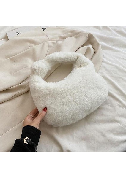 Beyaz Eyer Çantası Yumuşak Sıcak Peluş Crossbody Sling Hobo Çanta 2022 Kadın Kış Tasarımcı Çanta Lüks Marka Taklit Kürk Koltukaltı Bayanlar (Yurt Dışından)