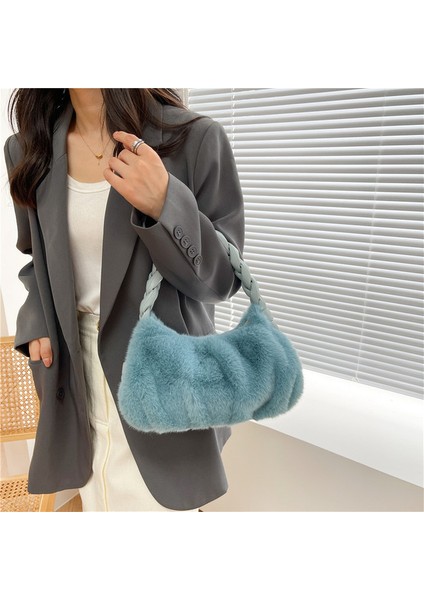 Mavi 2022 Yeni Kış Örgülü Kolu Omuz Çantaları Kadınlar Için Yumuşak Peluş Çanta Kadın Zincir Çanta Sıcak Kürk Kabarık Hobo Çanta Sac Femme (Yurt Dışından)