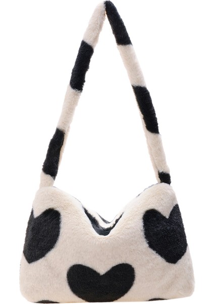 Siyah Aşk Moda Kadın Peluş Leopar Aşk Kalp Desen Koltukaltı Omuz Çantası Küçük Omuz Çantası Kış Kadın Yumuşak Peluş Bez Çantalar (Yurt Dışından)
