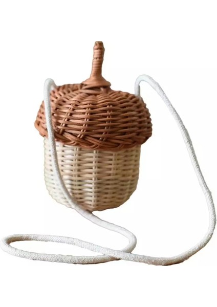 Toprak Sarı Mini Bambu Rattan Çocuklar Kız Için El Dokuması Çanta Palamut Şeklinde Depolama Sepeti Fotoğraf Sahne Rahat Crossbody Omuz Kovası Çanta (Yurt Dışından)