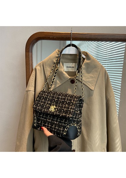 Siyah En Kaliteli Tüvit Dokuma Ekose Crossbody Çanta Kadın Çantası Örgü Trendi Klasik Zincir Flap Omuz Çantası Lüks Tasarımcı Çanta (Yurt Dışından) indirimleri