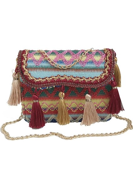Kırmızı 2019 Etnik Kare Hasır Püskül Çanta Çanta Kadın Yaz Kamış Örgü Çanta El Yapımı Dokuma Plaj Bohemia Çanta Yeni Moda (Yurt Dışından) fiyatları