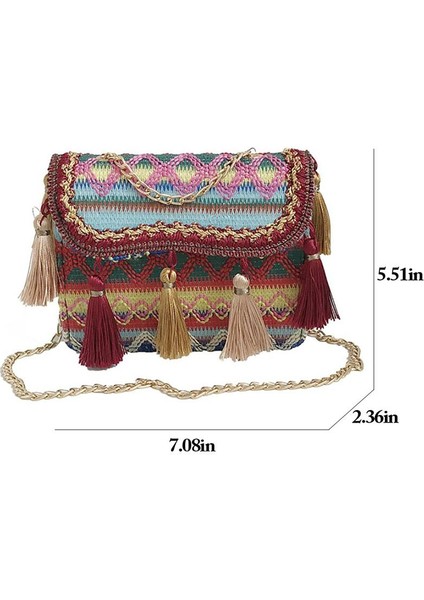 Kırmızı 2019 Etnik Kare Hasır Püskül Çanta Çanta Kadın Yaz Kamış Örgü Çanta El Yapımı Dokuma Plaj Bohemia Çanta Yeni Moda (Yurt Dışından) modelleri