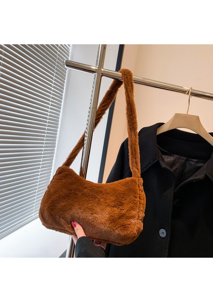 Kahverengi Peluş Koltukaltı Çantaları Rahat Sonbahar Kış Kabarık Bez Çantalar Taşınabilir Moda Aşk Kalp Baskılı Yumuşak Sokak Seyahati Için Sıcak (Yurt Dışından)