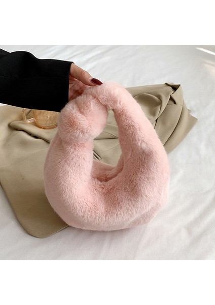 Pembe Moda Kadın Hilal Hobo Çanta Yumuşak Sıcak Taklit Kürk Crossbody Çanta Düğümlü Çanta Peluş Zincir Omuz Çantası Bayan Çanta (Yurt Dışından)