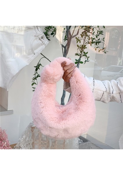 Pembe Moda Kadın Hilal Hobo Çanta Yumuşak Sıcak Taklit Kürk Crossbody Çanta Düğümlü Çanta Peluş Zincir Omuz Çantası Bayan Çanta (Yurt Dışından) fırsatları