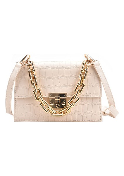 Beyaz Omuzdan Askili Çanta Kadın Çerçeve Çanta Altın Kadınlar Için Kalın Zincir Çanta Flap Omuz Çantaları Deri Trendy Satchel Çanta Chic Crossbody Çanta (Yurt Dışından)