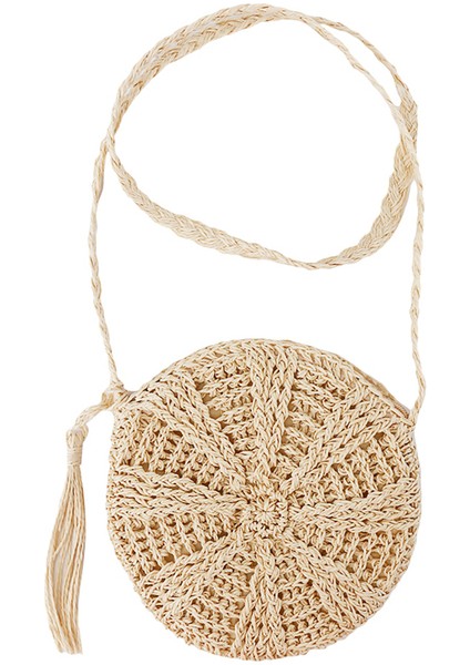 Bej Yeni Yuvarlak Yumuşak Kağıt Halat Omuz Çantası Püskül Yaz Plaj El Yapımı Crossbody Kadınlar Içi Boş Saman Daire Kamış Örgü Çanta (Yurt Dışından)