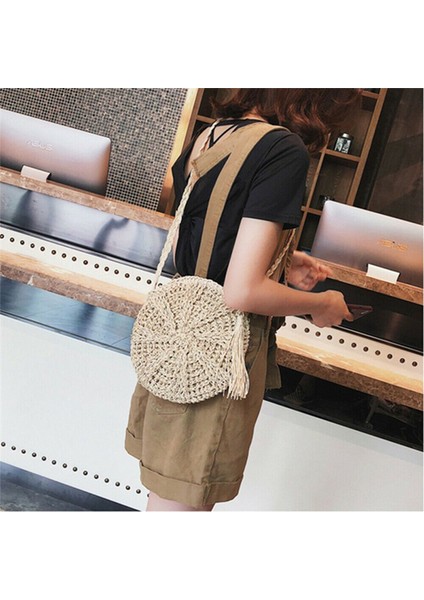 Bej Yeni Yuvarlak Yumuşak Kağıt Halat Omuz Çantası Püskül Yaz Plaj El Yapımı Crossbody Kadınlar Içi Boş Saman Daire Kamış Örgü Çanta (Yurt Dışından) fırsatları
