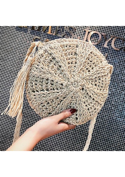 Bej Yeni Yuvarlak Yumuşak Kağıt Halat Omuz Çantası Püskül Yaz Plaj El Yapımı Crossbody Kadınlar Içi Boş Saman Daire Kamış Örgü Çanta (Yurt Dışından) indirimleri