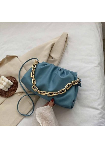 Lacivert Kalın Zincir Omuz Çantaları Kadınlar Için Deri Pileli Bulut Çanta Basit Crossbody Çanta Rahat Bayanlar Lüks Marka Çanta ve Çanta (Yurt Dışından)
