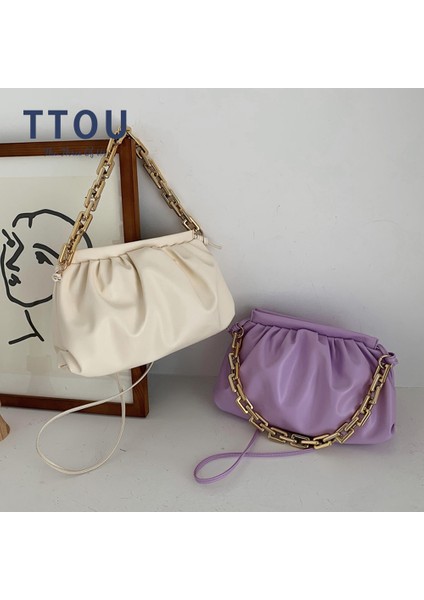 Lacivert Kalın Zincir Omuz Çantaları Kadınlar Için Deri Pileli Bulut Çanta Basit Crossbody Çanta Rahat Bayanlar Lüks Marka Çanta ve Çanta (Yurt Dışından)