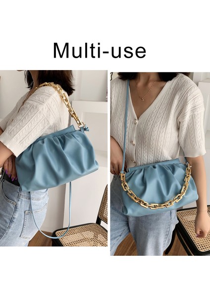 Lacivert Kalın Zincir Omuz Çantaları Kadınlar Için Deri Pileli Bulut Çanta Basit Crossbody Çanta Rahat Bayanlar Lüks Marka Çanta ve Çanta (Yurt Dışından)