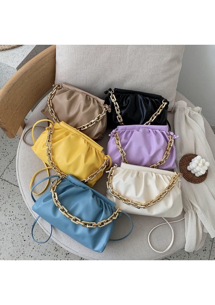 Lacivert Kalın Zincir Omuz Çantaları Kadınlar Için Deri Pileli Bulut Çanta Basit Crossbody Çanta Rahat Bayanlar Lüks Marka Çanta ve Çanta (Yurt Dışından)