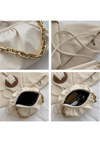 Lacivert Kalın Zincir Omuz Çantaları Kadınlar Için Deri Pileli Bulut Çanta Basit Crossbody Çanta Rahat Bayanlar Lüks Marka Çanta ve Çanta (Yurt Dışından)
